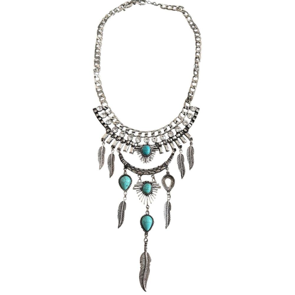 Idyllwind Miranda Lambert Silver Tone Turquoise Feather Bib Statement Necklace - Picture 2 of 7